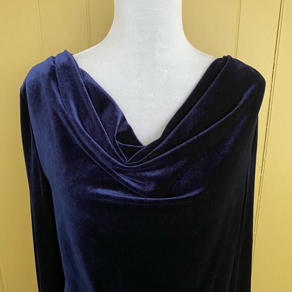 Cache women L drape front Longsleeve navy blue velour blouse - Picture 2 of 9